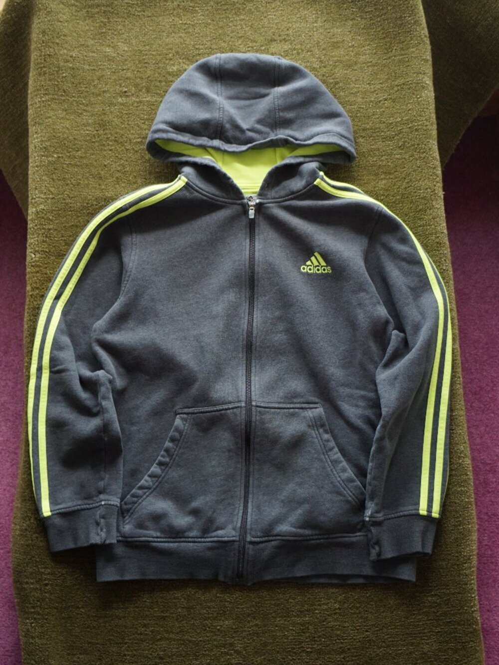 Adidas Gray & Neon Yellow 3 Stripes Zip Up Hoodie women's M